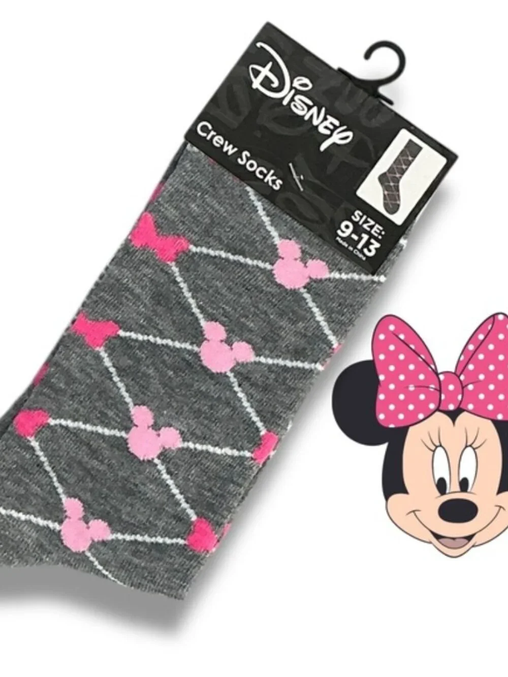 Disney Minnie Mouse Crew Socks Novelty Casual Pink Gray Adult 9-13 One Size